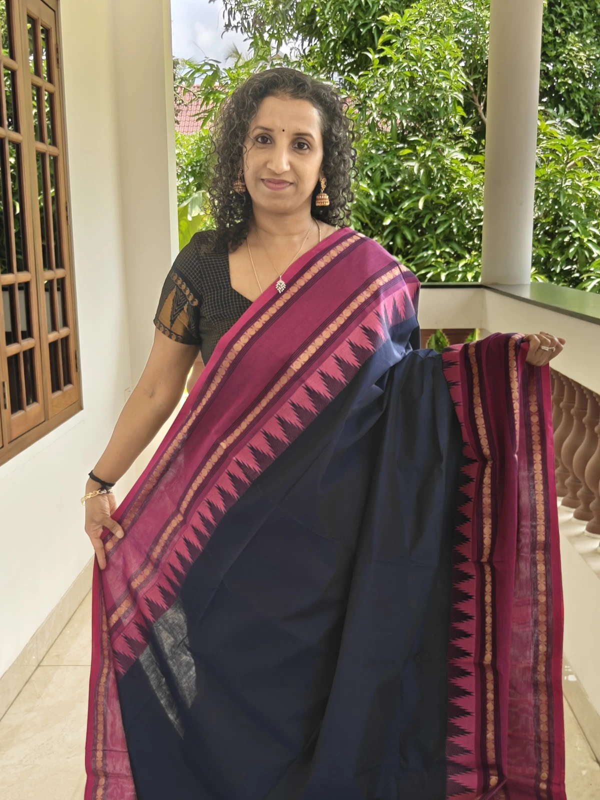 Navy Blue and Pink Kanchi Cotton Saree with Traditional Border